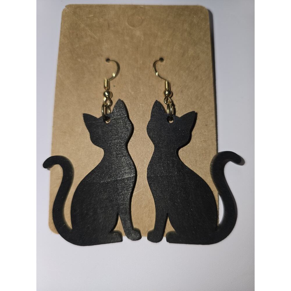 Wooden Laser Cut Earrings Black Cat Lightweight Handmade Hook Earrings - Picture 2 of 3